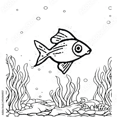 Fish Coloring page for baby coloring book, vector Illustration seawater cute fishes activity worksheet for children.