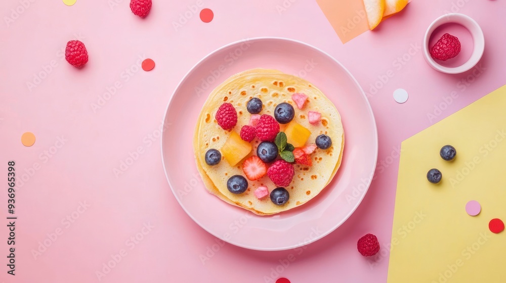 A plate of two delicious crepes topped with fresh fruit, including blueberries, raspberries, strawberries and mango, on a pink background with confetti. A plate of two delicious crepes topped with fresh fruit, including blueberries, raspberries, strawberries and mango, on a pink background with confetti.