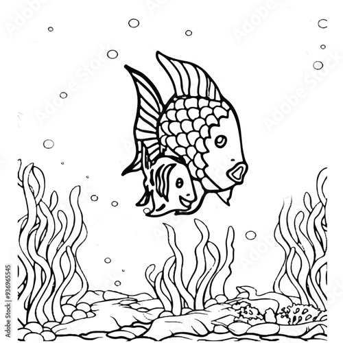 Fish Coloring page for baby coloring book, vector Illustration seawater cute fishes activity worksheet for children.