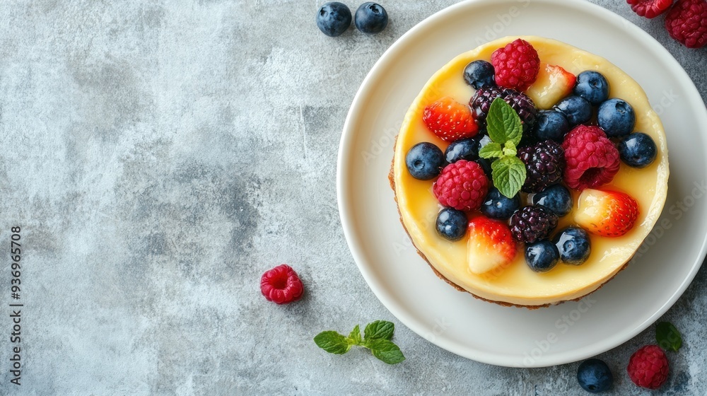 A top view of a delicious cheesecake with a variety of berries. A top view of a delicious cheesecake with a variety of berries.