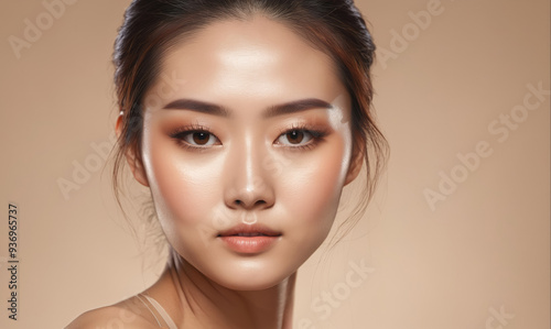 A woman with dark hair and flawless skin looks directly at the camera