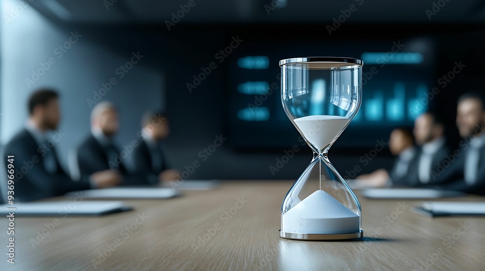 Business meeting with an hourglass on the table, team in focus discussing deadlines, copy space for text, Business meeting with an hourglass on the table, team in focus discussing deadlines, copy space for text,