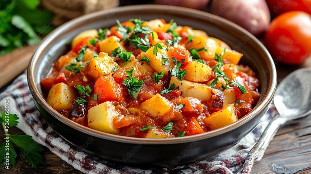 Homemade Eggplant Potato Tomato Stew with Parsley in a Bowl, side view. --ar 16:9 --v 6.1 Job ID: 2f04c339-7f4b-4bcf-ad60-0619fc7da28b Homemade Eggplant Potato Tomato Stew with Parsley in a Bowl, side view. --ar 16:9 --v 6.1 Job ID: 2f04c339-7f4b-4bcf-ad60-0619fc7da28b