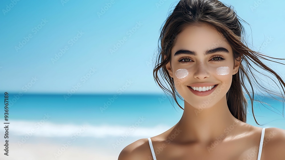 Happy woman with a sunscreen pattern on her cheek, ocean waves in the background, bright summer day, copy space for text, Happy woman with a sunscreen pattern on her cheek, ocean waves in the background, bright summer day, copy space for text,