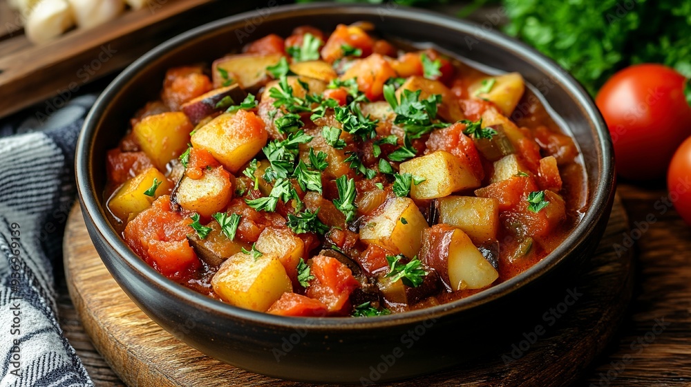 Homemade Eggplant Potato Tomato Stew with Parsley in a Bowl, side view. --ar 16:9 --v 6.1 Job ID: 3cbdb2fb-3efd-450d-8e3a-af40dd82e7fc Homemade Eggplant Potato Tomato Stew with Parsley in a Bowl, side view. --ar 16:9 --v 6.1 Job ID: 3cbdb2fb-3efd-450d-8e3a-af40dd82e7fc