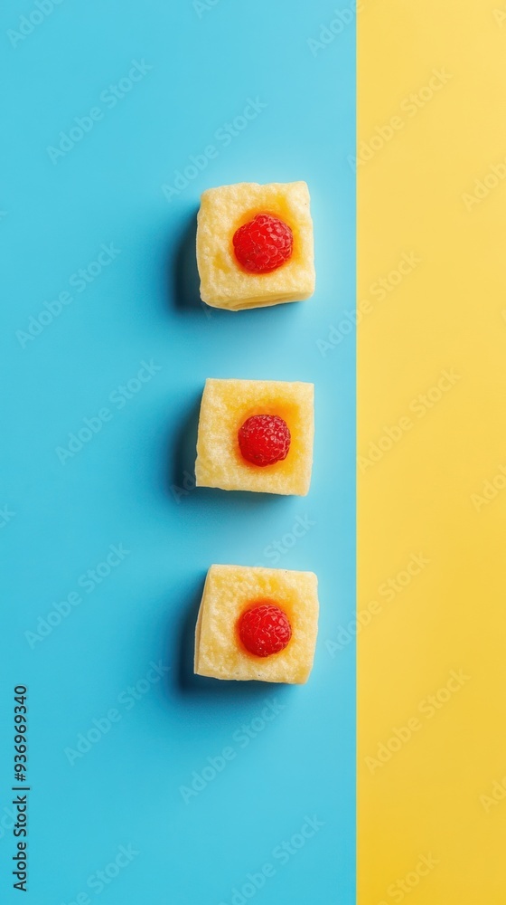 Three yellow and red square cakes with raspberries on top, aligned vertically on a blue and yellow background. Three yellow and red square cakes with raspberries on top, aligned vertically on a blue and yellow background.