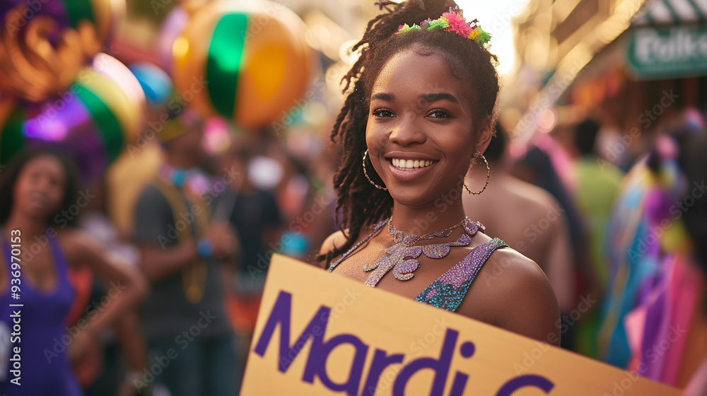 cute girl at a street parade holding a sign that says Mardi Gras cute girl at a street parade holding a sign that says Mardi Gras
