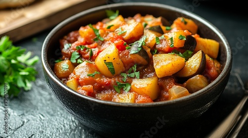 Homemade Eggplant Potato Tomato Stew with Parsley in a Bowl, side view. --ar 16:9 --v 6.1 Job ID: 49d4aa49-5369-4444-837b-56a0e6aec25d