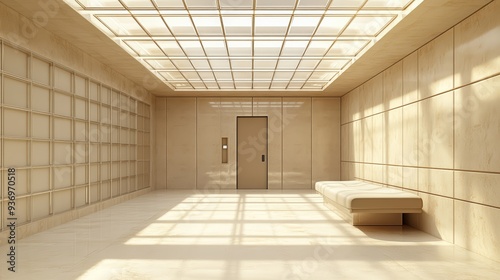 Minimalistic room with wooden walls, a single bed, and a large skylight, casting soft natural light, creating a serene atmosphere.