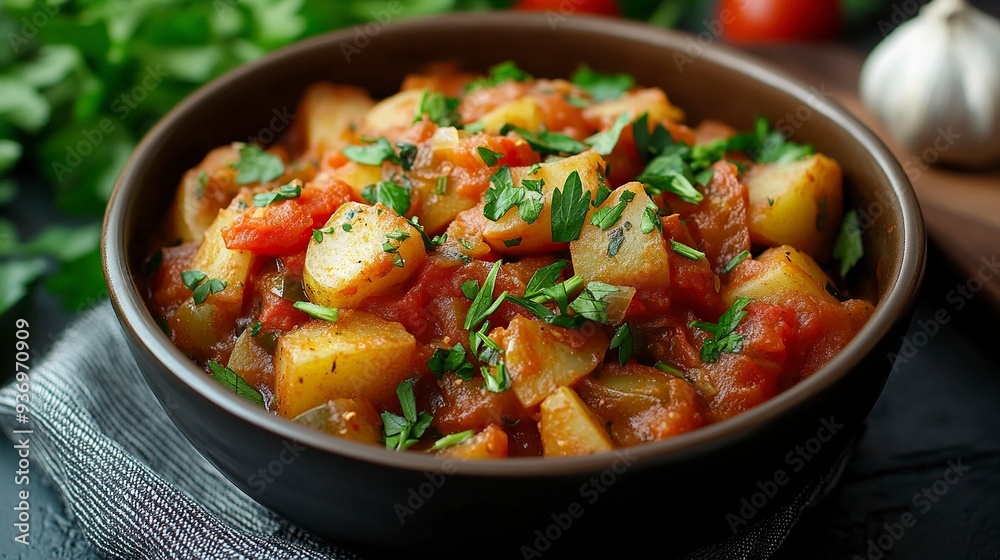 Homemade Eggplant Potato Tomato Stew with Parsley in a Bowl, side view. --ar 16:9 --v 6.1 Job ID: 402ef9a7-352b-4e4e-a263-4bdab50ba511 Homemade Eggplant Potato Tomato Stew with Parsley in a Bowl, side view. --ar 16:9 --v 6.1 Job ID: 402ef9a7-352b-4e4e-a263-4bdab50ba511