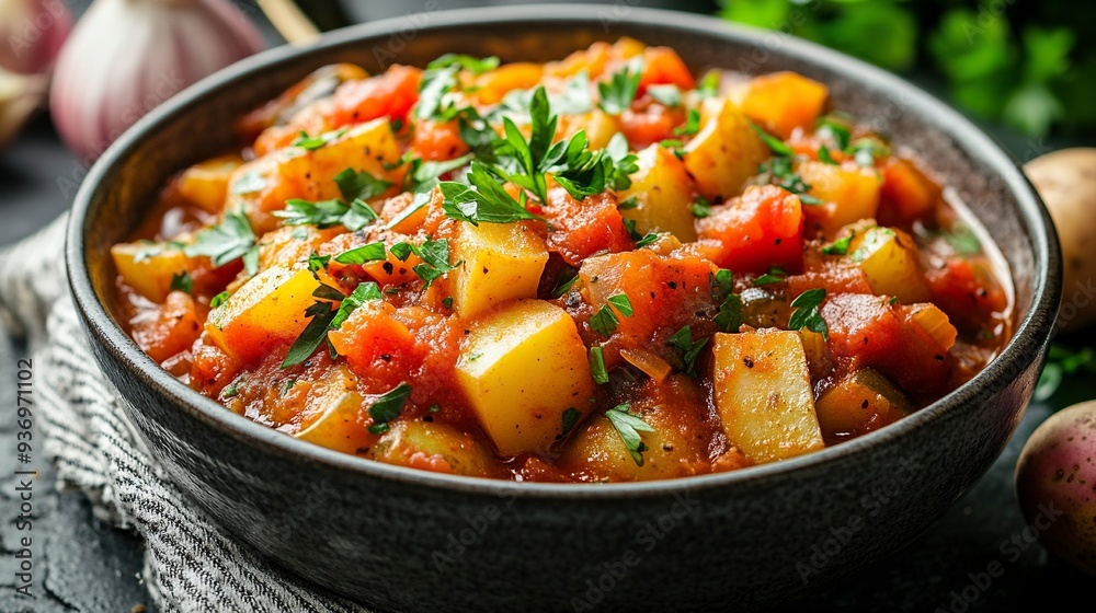 Homemade Eggplant Potato Tomato Stew with Parsley in a Bowl, side view. --ar 16:9 --v 6.1 Job ID: 402ef9a7-352b-4e4e-a263-4bdab50ba511 Homemade Eggplant Potato Tomato Stew with Parsley in a Bowl, side view. --ar 16:9 --v 6.1 Job ID: 402ef9a7-352b-4e4e-a263-4bdab50ba511
