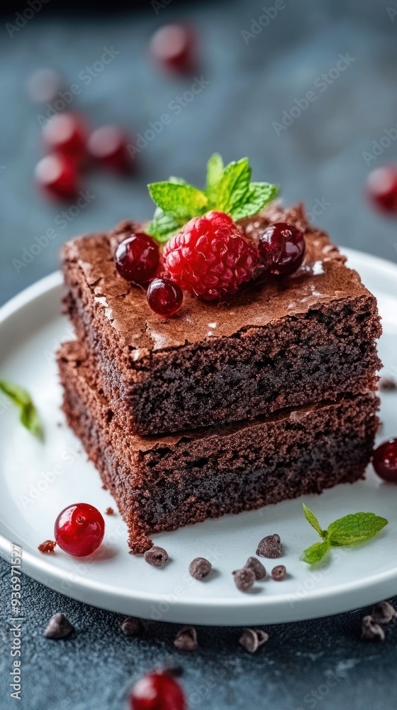 Two fudgy chocolate brownies topped with raspberries, cranberries, chocolate chips, and mint leaves on a white plate. Two fudgy chocolate brownies topped with raspberries, cranberries, chocolate chips, and mint leaves on a white plate.