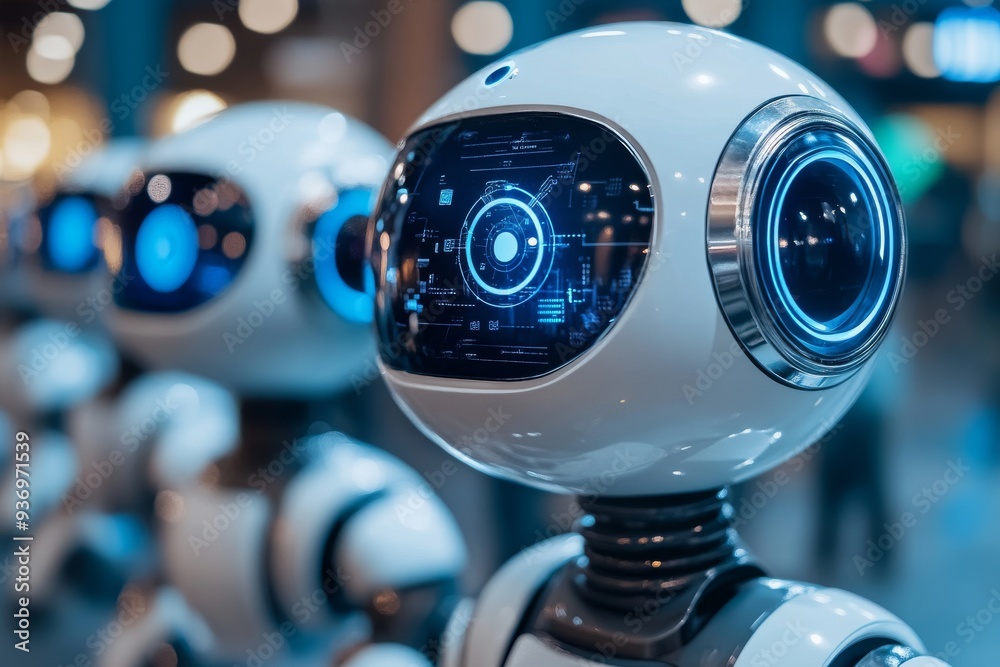 Row of small humanoid robots with glowing blue eyes symbolizing the precision and mass production of AI in a futuristic world