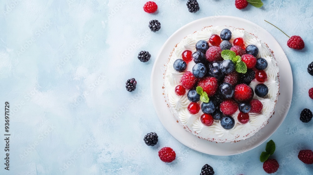 A delicious-looking cake with whipped cream and fresh berries on a blue background. A delicious-looking cake with whipped cream and fresh berries on a blue background.