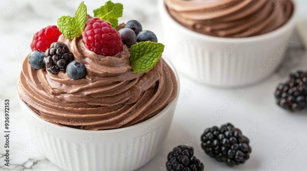 A close-up shot of two ramekins filled with chocolate mousse and topped with fresh berries and mint leaves. A close-up shot of two ramekins filled with chocolate mousse and topped with fresh berries and mint leaves.