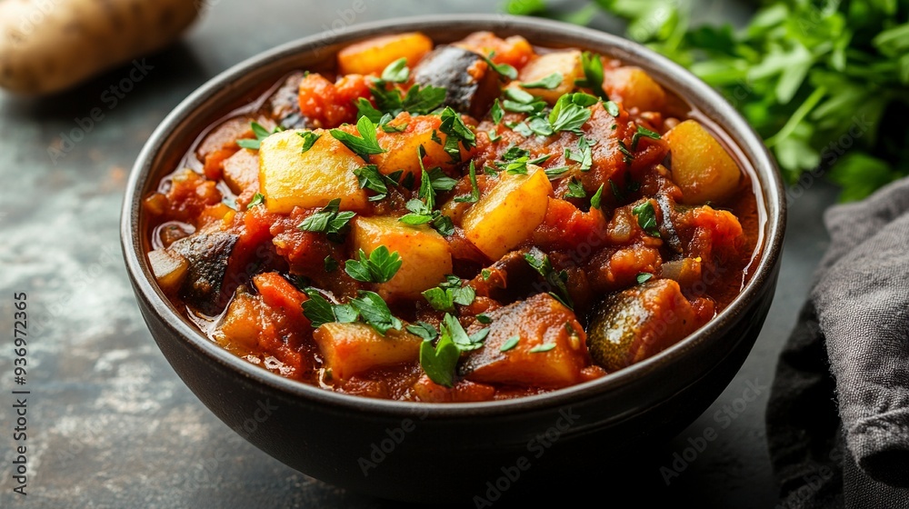 Homemade Eggplant Potato Tomato Stew with Parsley in a Bowl, side view. --ar 16:9 --v 6.1 Job ID: 65063660-1228-488b-87ea-d656e829e7dd Homemade Eggplant Potato Tomato Stew with Parsley in a Bowl, side view. --ar 16:9 --v 6.1 Job ID: 65063660-1228-488b-87ea-d656e829e7dd