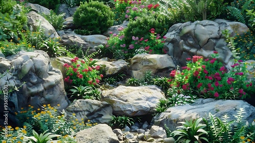 A vibrant landscape featuring rocks and colorful flowers, showcasing nature's beauty.