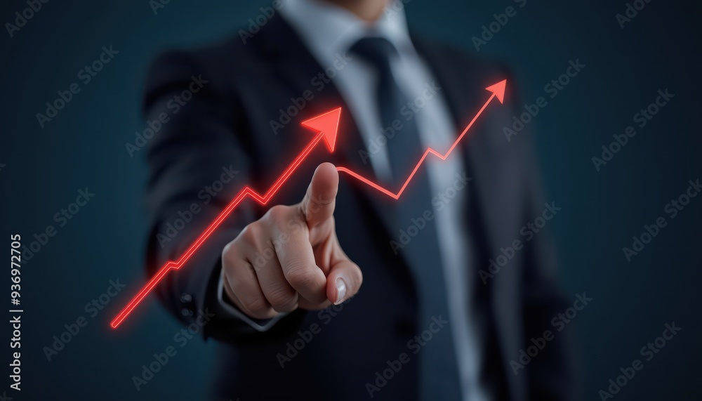A business professional pointing at a rising graph, symbolizing growth and success in the corporate world. Ideal for finance, marketing, or business strategy content.