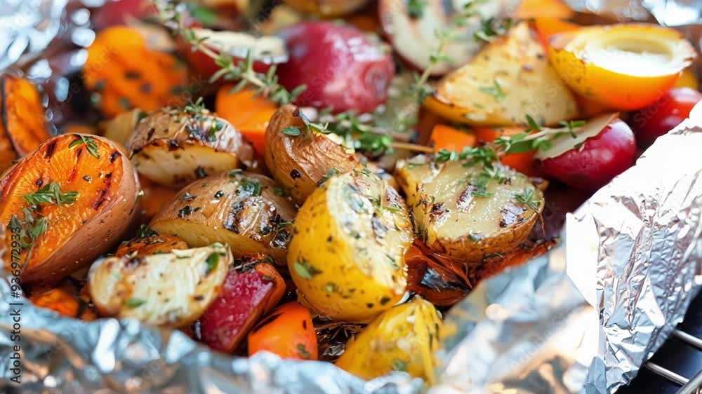 Close up of vibrant grilled vegetables sizzling in foil with thyme and spices, including carrots, potatoes, sweet potatoes, turnips, and parsnips Close up of vibrant grilled vegetables sizzling in foil with thyme and spices, including carrots, potatoes, sweet potatoes, turnips, and parsnips