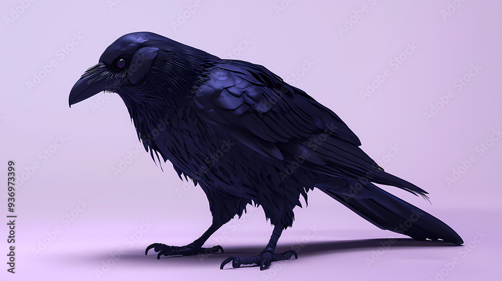 Fototapeta premium A Black Raven with Shiny Eyes Posing Against a Lilac Background