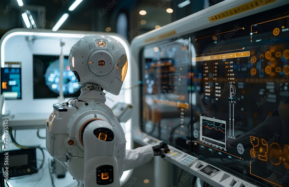 Robots humanoides con IA, controlando procesos de produccion en una fabrica. Reemplazo de la mano de obra, introduccion de la IA en la indusria, transformacion del mundo laboral Robots humanoides con IA, controlando procesos de produccion en una fabrica. Reemplazo de la mano de obra, introduccion de la IA en la indusria, transformacion del mundo laboral