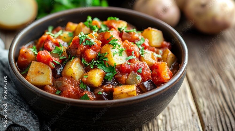 Homemade Eggplant Potato Tomato Stew with Parsley in a Bowl, side view. --ar 16:9 --v 6.1 Job ID: f0d3c225-df3e-4709-999f-b815e3eba833 Homemade Eggplant Potato Tomato Stew with Parsley in a Bowl, side view. --ar 16:9 --v 6.1 Job ID: f0d3c225-df3e-4709-999f-b815e3eba833