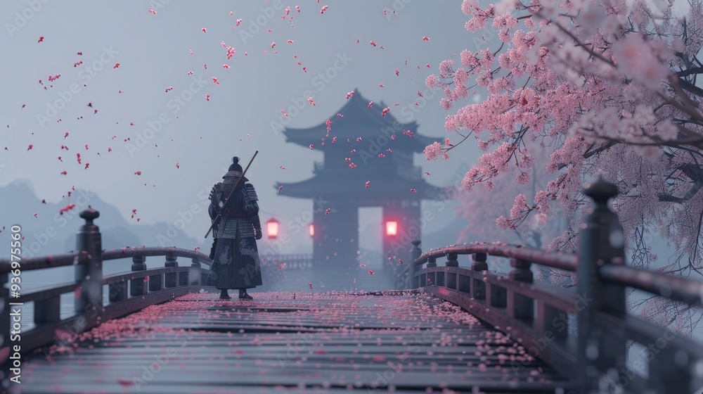 Fototapeta premium Render a 3D samurai standing on a wooden bridge, with cherry blossoms falling around him, capturing the essence of both strength and tranquility.