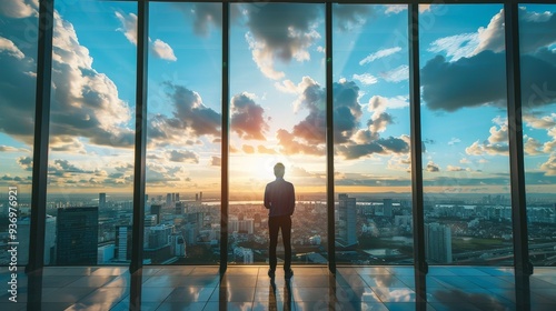 Show a business traveler in a modern office building, standing by a large window with a panoramic view of the city, deep in thought.