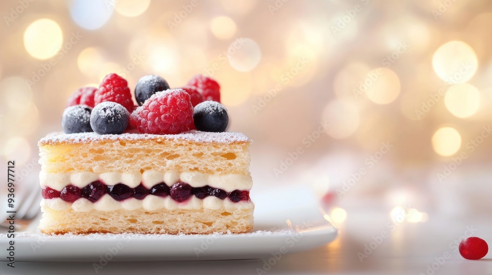 A single slice of cake with a creamy filling, topped with blueberries and raspberries and dusted with powdered sugar, on a white plate with a bokeh background. A single slice of cake with a creamy filling, topped with blueberries and raspberries and dusted with powdered sugar, on a white plate with a bokeh background.