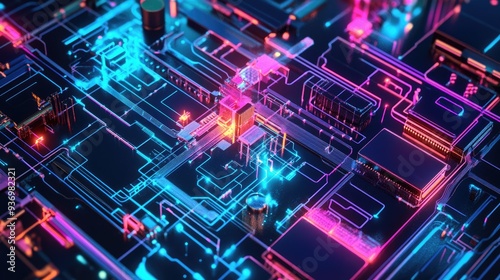 Wallpaper Mural Abstract Circuit Board with Glowing Neon Lines Torontodigital.ca