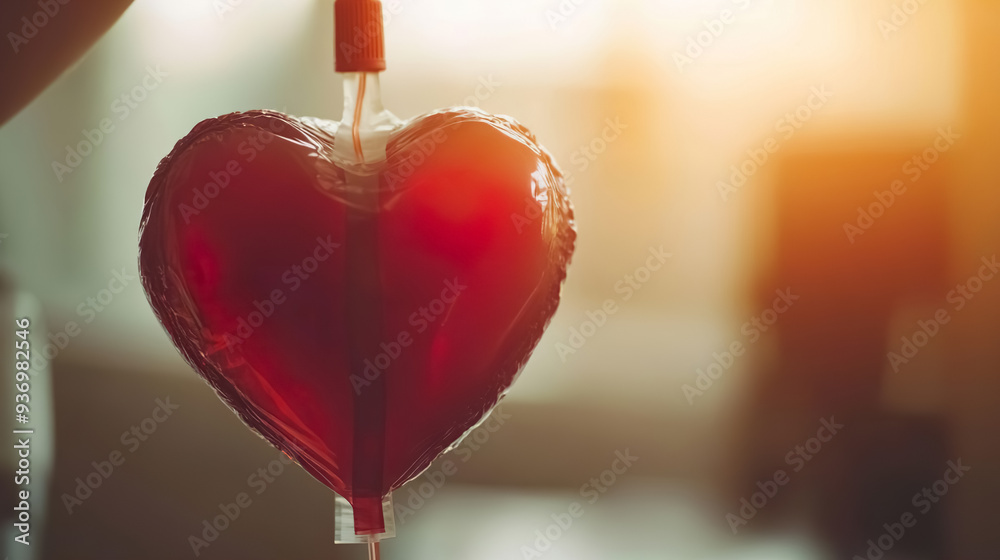 heart-shaped blood bag hanging at sunset in warm light