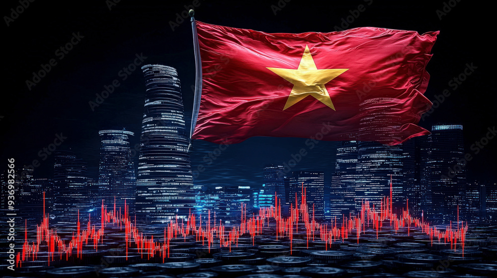 Obraz premium Double exposure of coins and Vietnamese flag with skyline