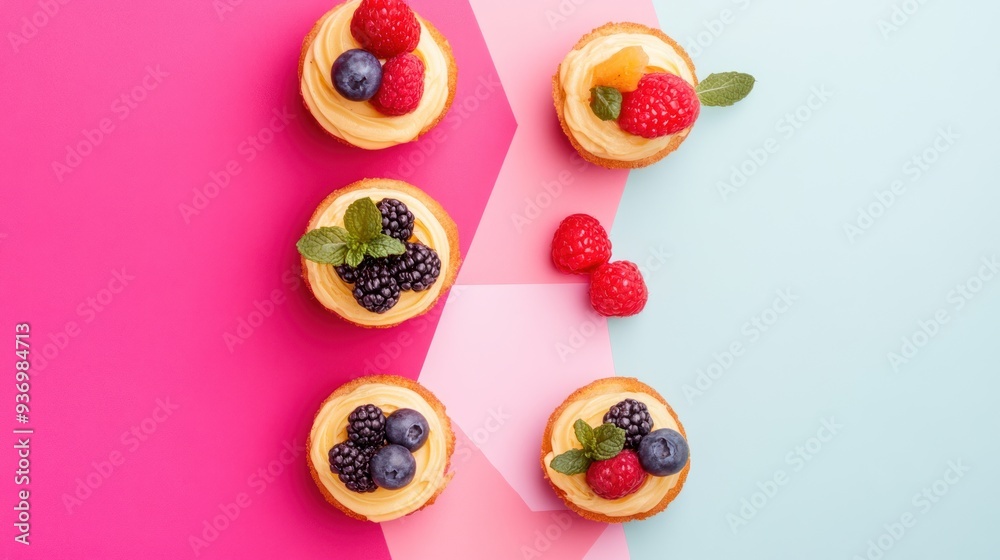 Six small pastries with cream cheese frosting and fresh berries on a colorful background. Six small pastries with cream cheese frosting and fresh berries on a colorful background.