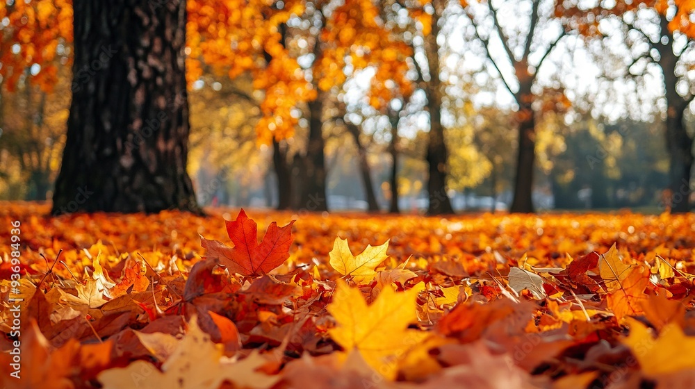 Orange fall leaves in park, autumn natural background . generative ai Orange fall leaves in park, autumn natural background . generative ai