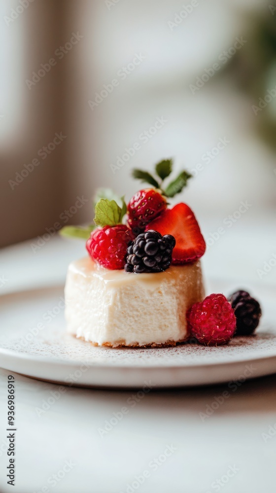 A small piece of cheesecake topped with fresh berries and mint on a white plate. A small piece of cheesecake topped with fresh berries and mint on a white plate.