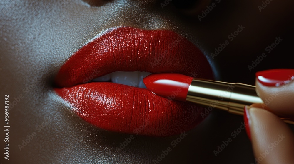 Obraz premium Close-up of a woman applying red lipstick.