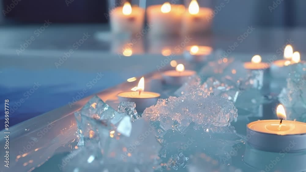 Several lit candles are resting on chunks of ice floating in a spa. The warm candlelight contrasts with the cool ice and water, creating a relaxing and inviting atmosphere