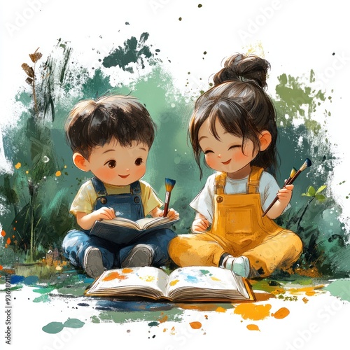Cute Children Painting with Brushes in a Garden Illustration