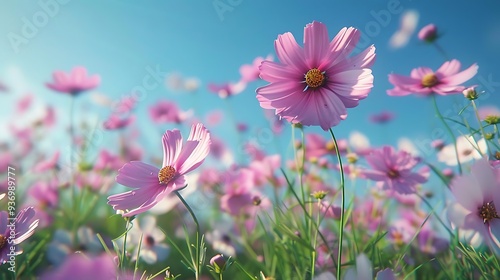 A vibrant field of pink cosmos flowers under a clear blue sky, showcasing nature's beauty.