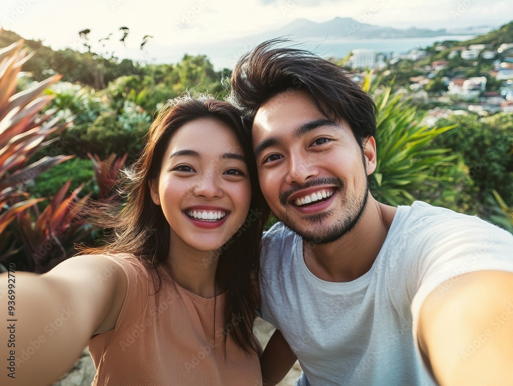 Happy Asian married couple taking a selfie outdoors Happy Asian married couple taking a selfie outdoors