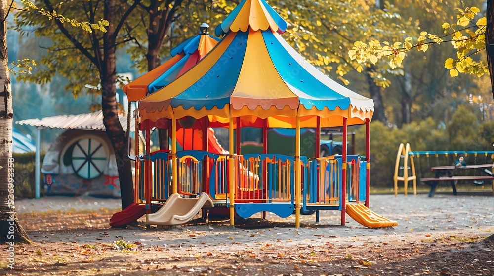 Obraz premium Empty children playground with colorful tent at sunny day