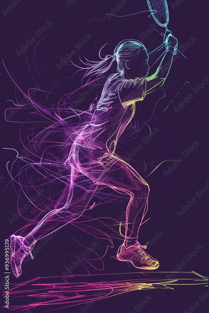 Badminton is illustrated with a single continuous line drawing. where the players' quick movements are brought to life by striking neon lights. Adds depth and energy to illustrations Badminton is illustrated with a single continuous line drawing. where the players' quick movements are brought to life by striking neon lights. Adds depth and energy to illustrations