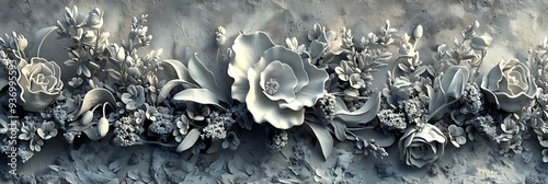 A decorative relief featuring intricately designed flowers and foliage in a monochromatic style.
