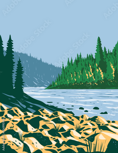 WPA poster art of Pembina River Provincial Park located between Entwistle and Evansburg in central Alberta, Canada done in works project administration or federal art project style.
