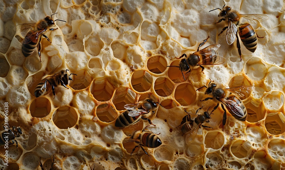 Close up view of the working bees on honey cells. Close up view of the working bees on honey cells.