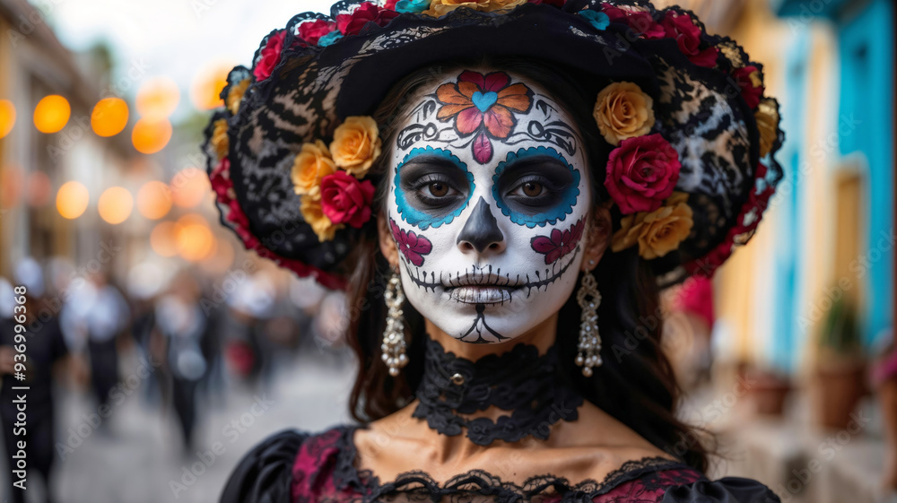 Close up of young woman wearing sugar skull make-up and hat with roses, Calavera Catrina looking at the camera standing on street of Mexican town, front view. Day of the Dead, blurred background Close up of young woman wearing sugar skull make-up and hat with roses, Calavera Catrina looking at the camera standing on street of Mexican town, front view. Day of the Dead, blurred background