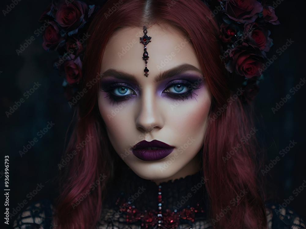 A model with exotic makeup in dark, romantic hues like deep red, black, and violet, with a touch of sparkle. A model with exotic makeup in dark, romantic hues like deep red, black, and violet, with a touch of sparkle.