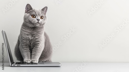 russian blue cat sits on keayboard of notebook in home interior on gray background photo