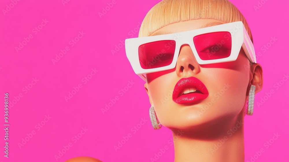 hyperrealistic portrait of an american women wearing highend thick white fashion sunglasses clear frames and pink tint lenses pink her hair is blond skin hyperrealistic portrait of an american women wearing highend thick white fashion sunglasses clear frames and pink tint lenses pink her hair is blond skin