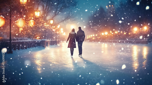  romantic couple ice skating at night in snowy winter park photo